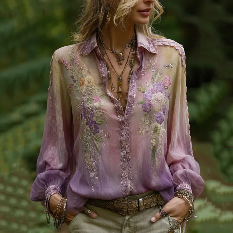 Vintage Purple Lavender And Floral Embroidered Button Shirt
