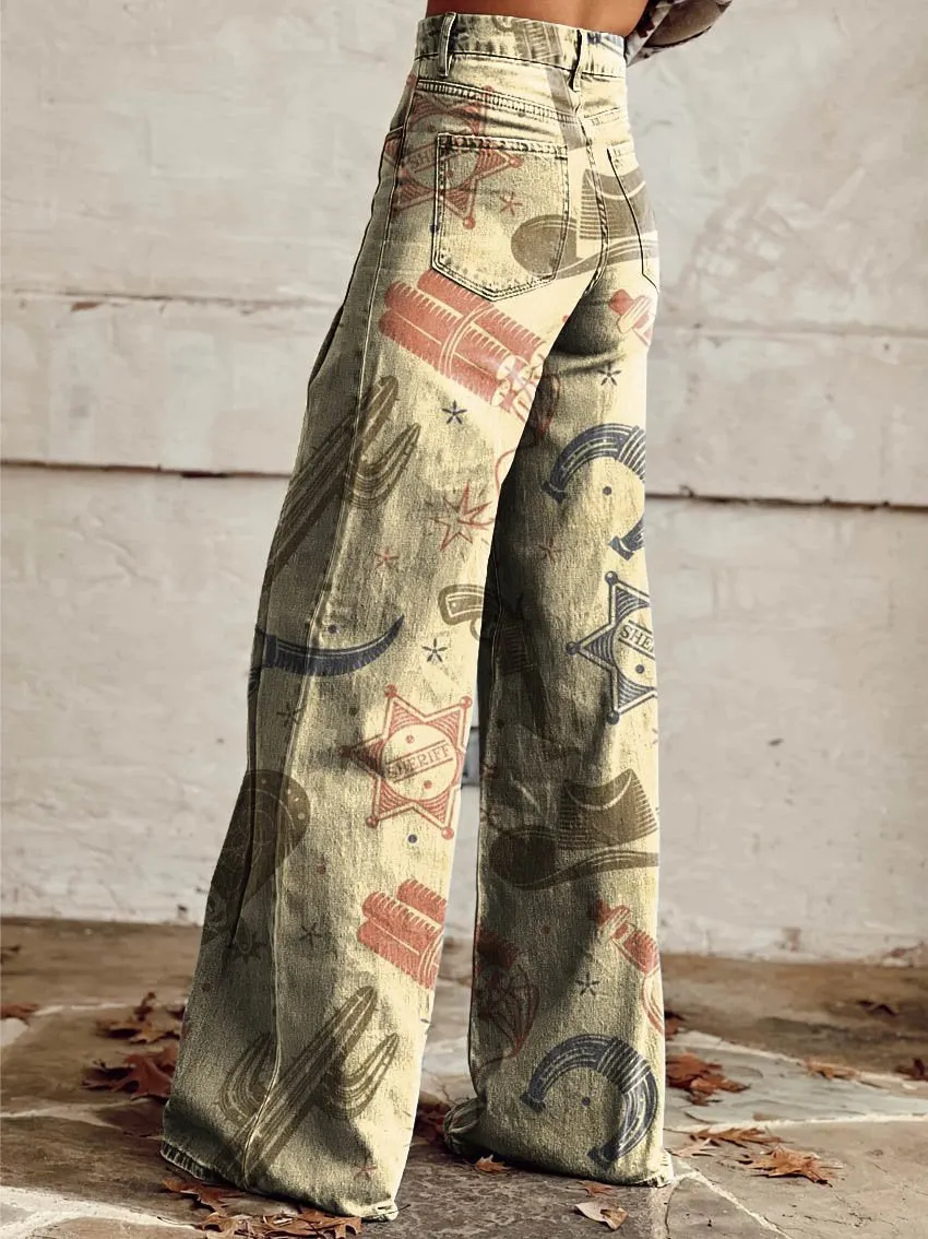 Cowboy Theme Print Casual Wide-Leg Pants