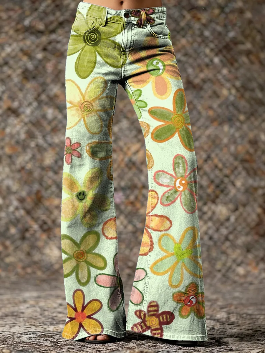 Green Cute Floral Hippie Art Printed Casual Slim Denim Wide Leg Pants