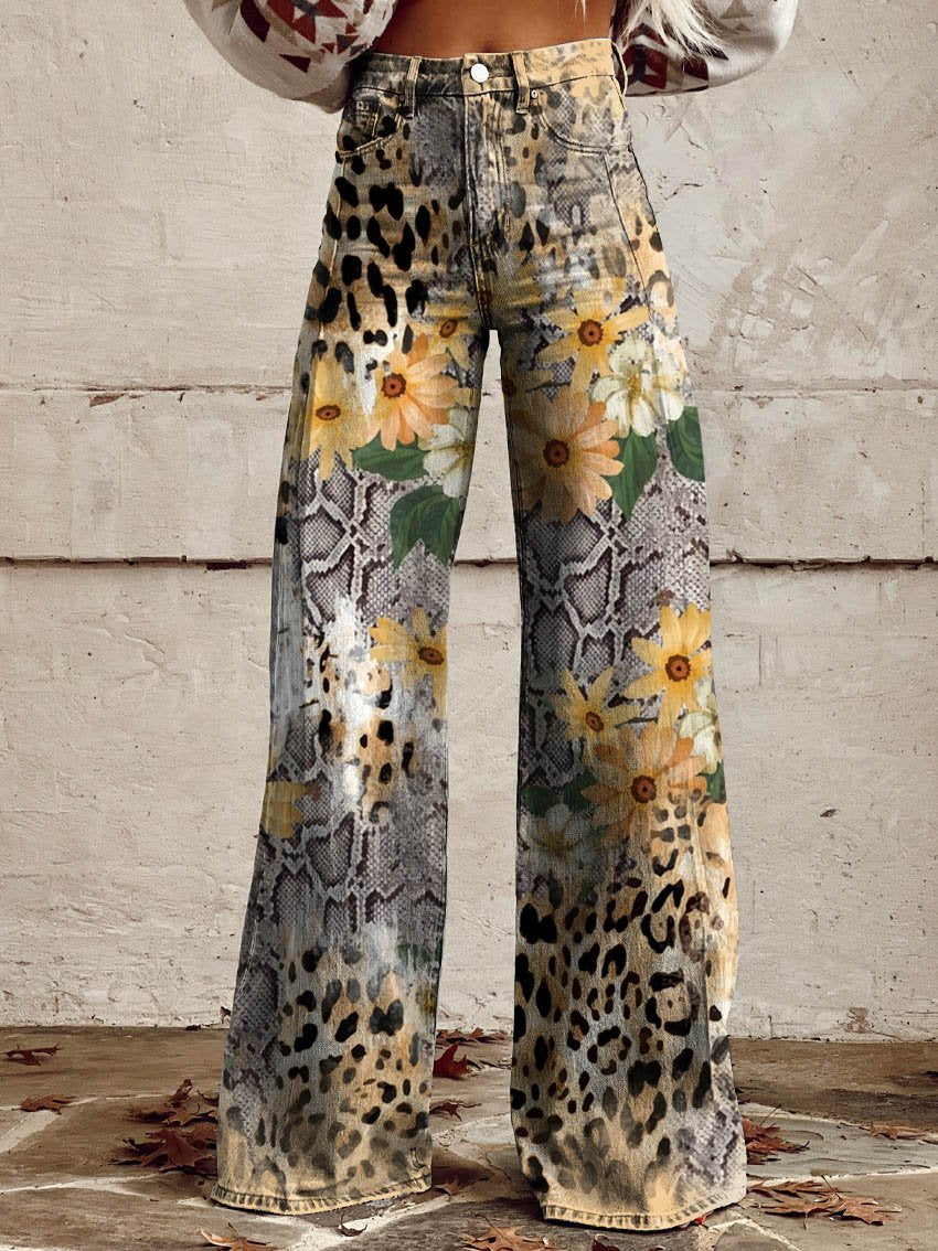 Daisy Leopard Print Casual Wide-Leg Pants