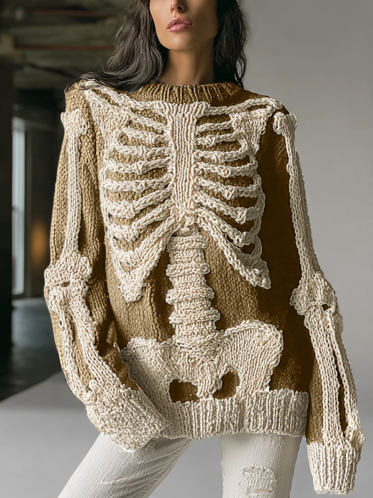Women's Vintage Halloween Skull Embroidered Sweater