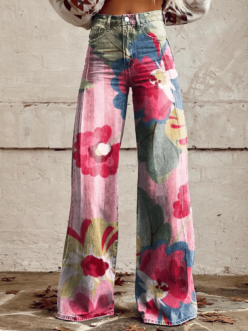 Retro Floral Art Casual Wide-Leg Pants