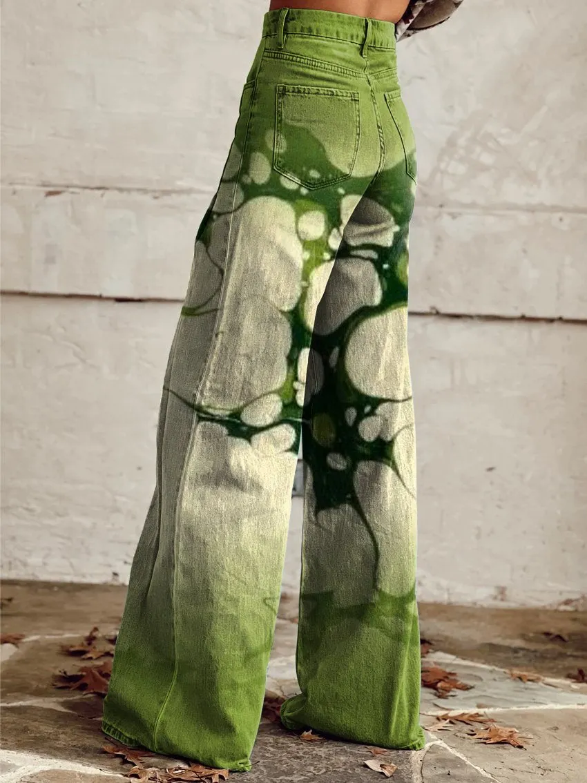 Retro Green Gradient Water Pattern Print Casual Wide-Leg Pants