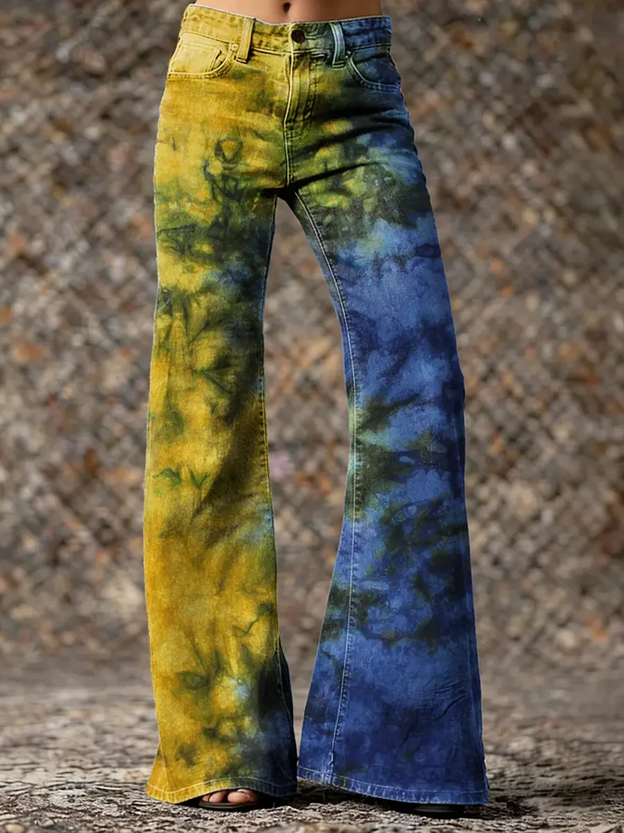 Retro Hippie Tie-dye Art Print Casual Slim-fit Flared Pants