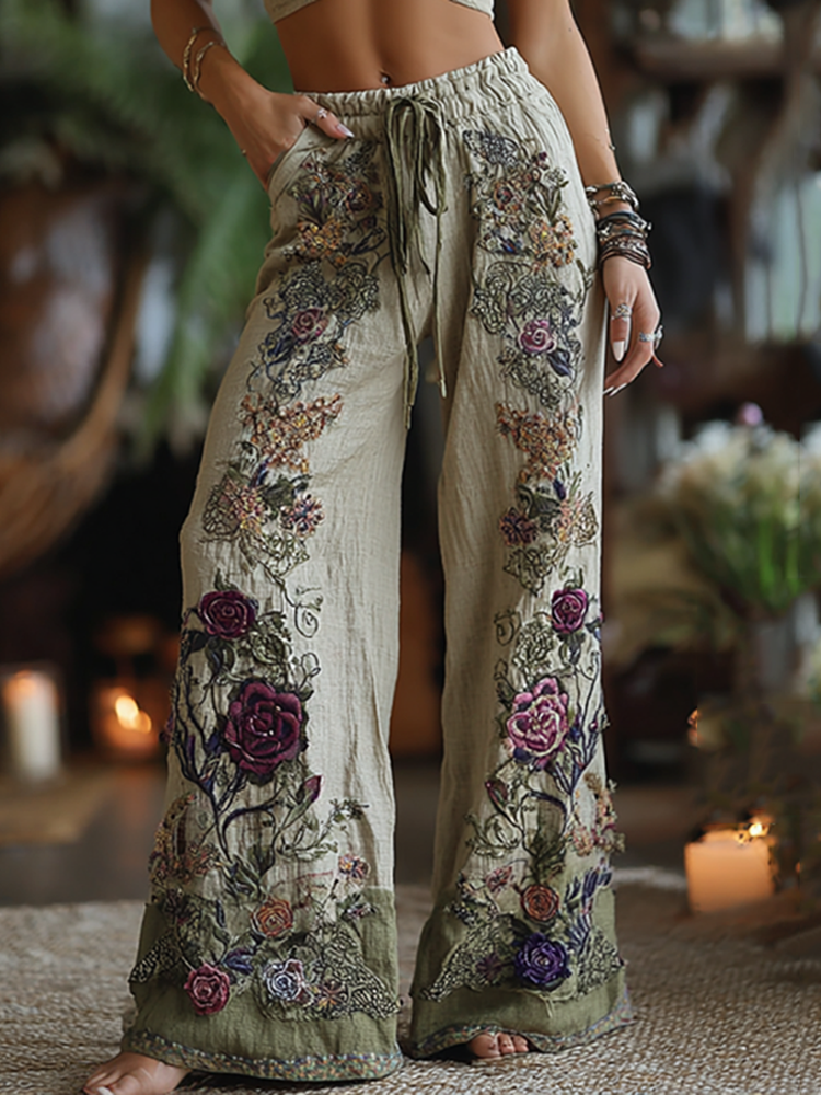 Classy Purple Lavender And Floral Embroidered Art Pants