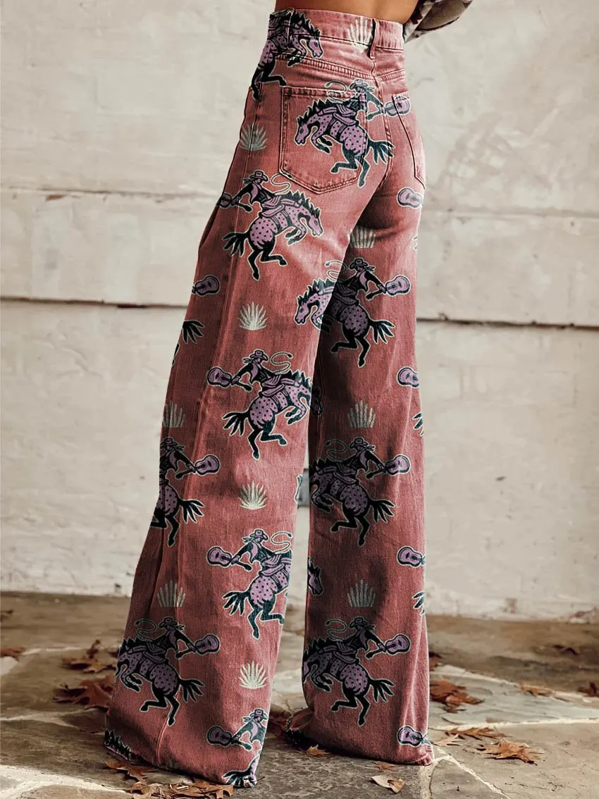 Western Cowboy Print Casual Wide-Leg Pants