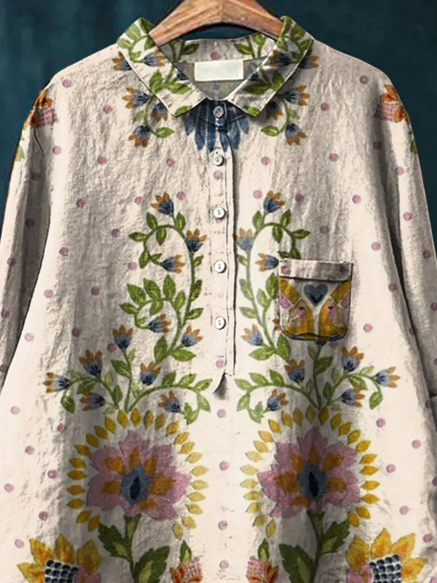 Tropical Floral Symmetrical Pattern Printed Women's Casual Cotton & Linen Shirt