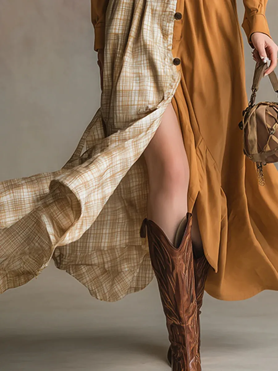 Bohemian plaid patchwork light orange hooded button-front dress