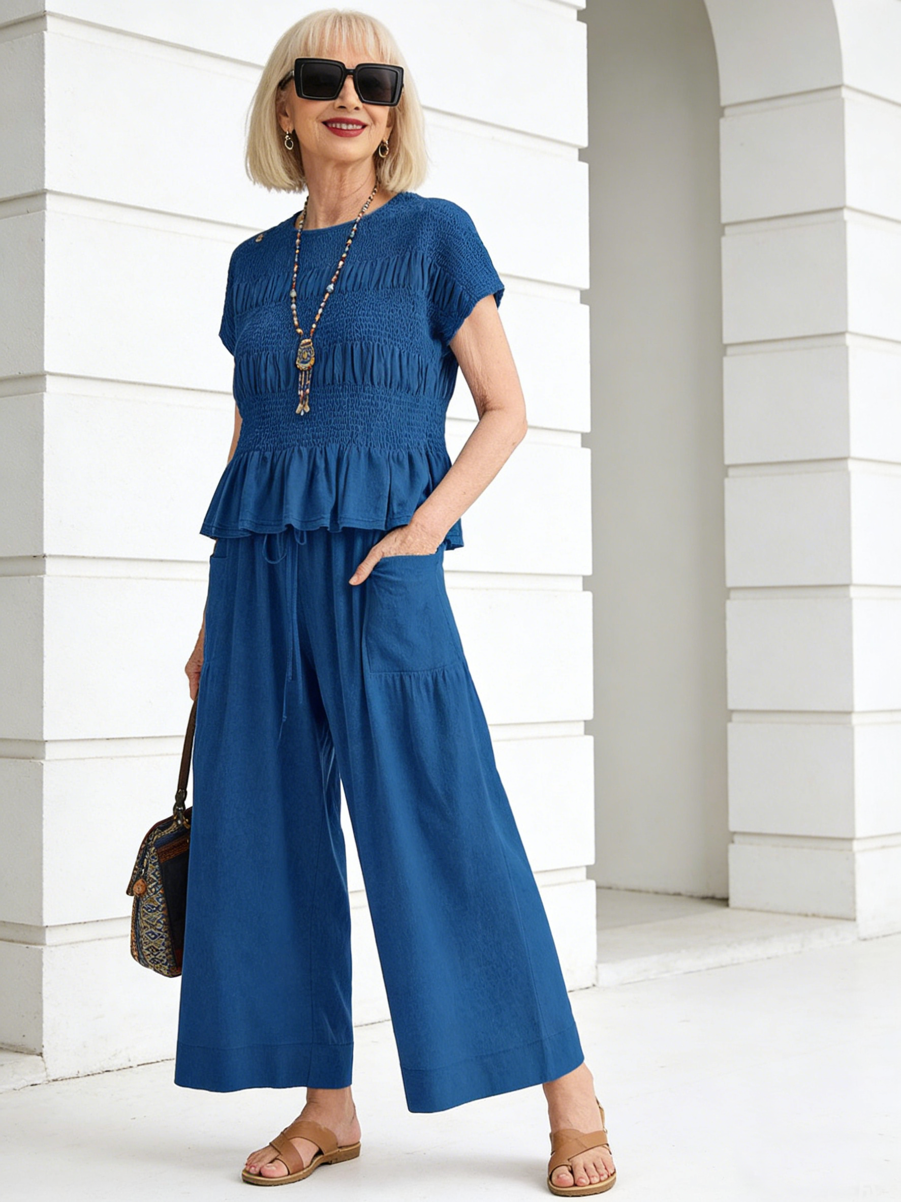 Green Ruffle-Hem Top & Wide-Leg Pants Set