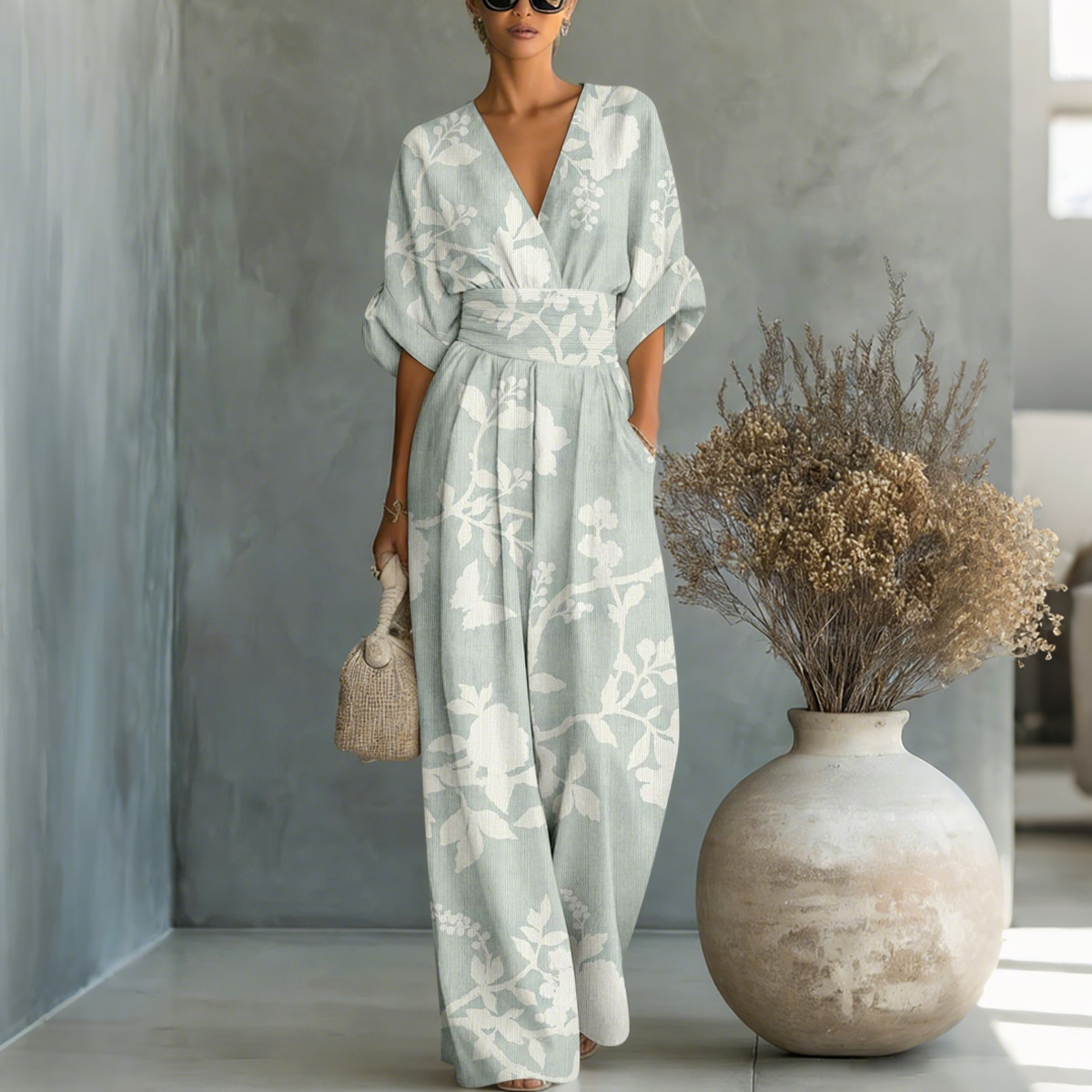 Simple And Elegant Floral Print Waisted Jumpsuit