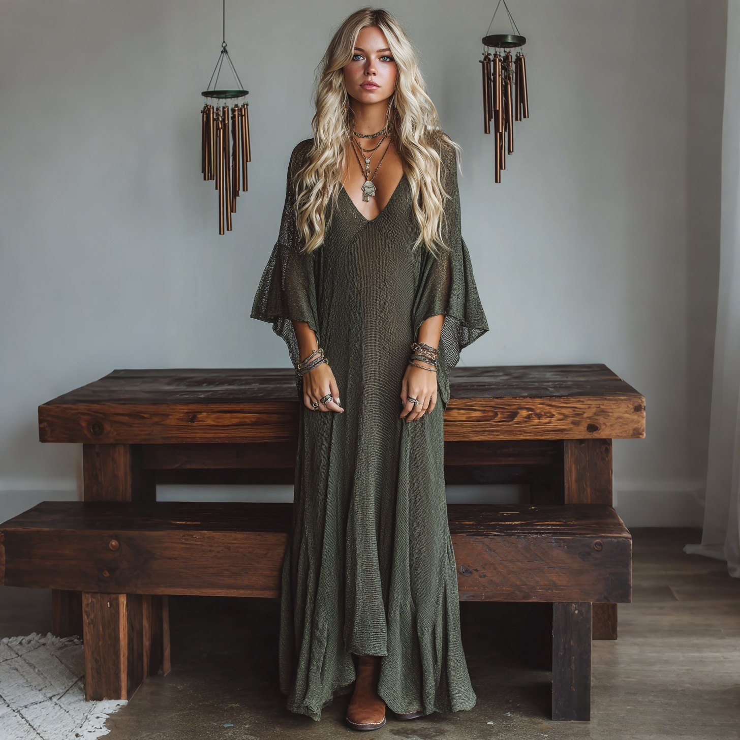 Elegant V-neck Sheer High-waisted Slightly Sheer Flared Long-sleeved Oversized Dress