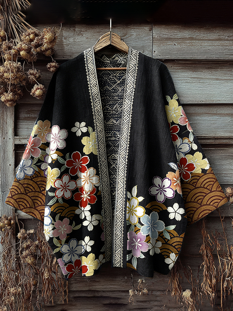 Retro Japanese Floral Art Print Cotton & Linen Blend Kimono Cardigan