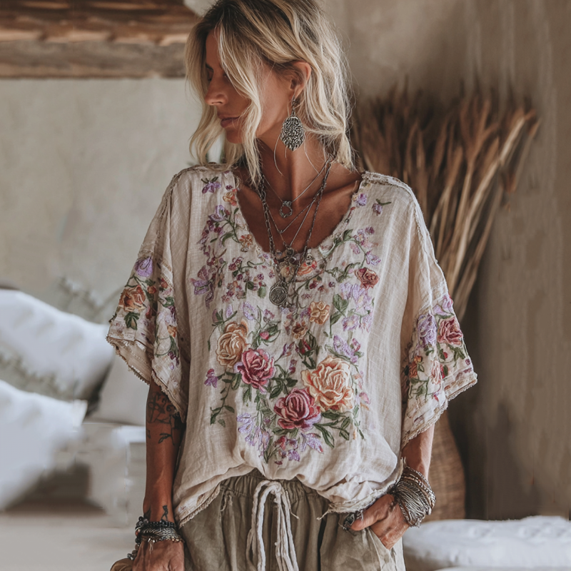 Vintage Floral Embroidered Short Sleeve Shirt