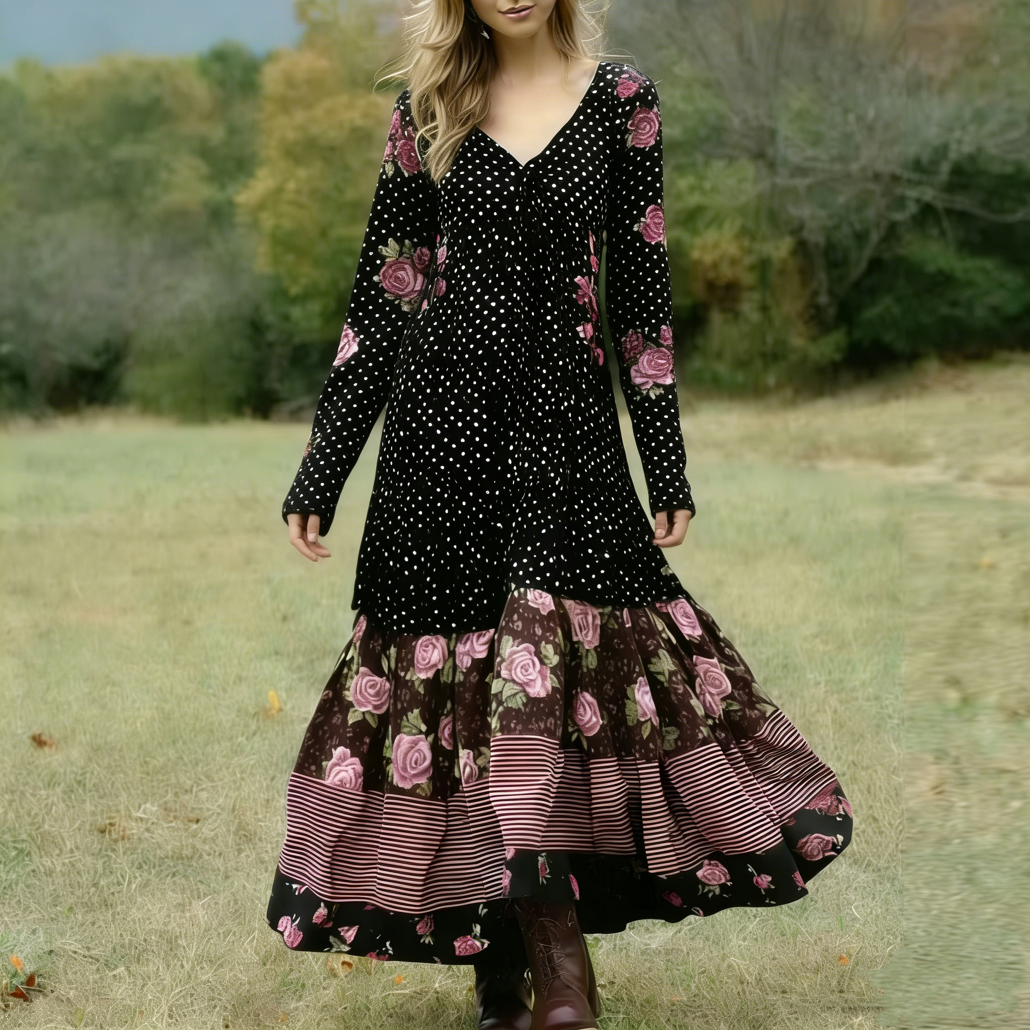 Women's Retro Polka Dot And Rose Floral Pattern Casual V-neck Dress
