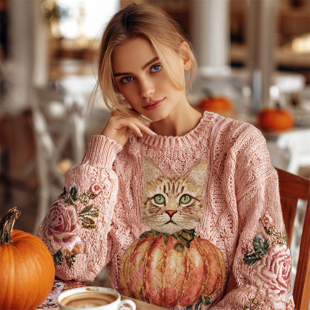Thanksgiving Pumpkin Cat Floral Embroidery Women's Knit Sweater