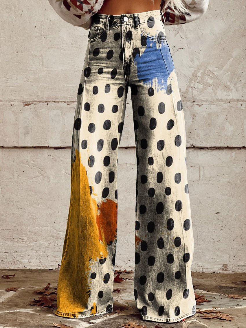 Vintage Print Casual Wide-Leg Pants