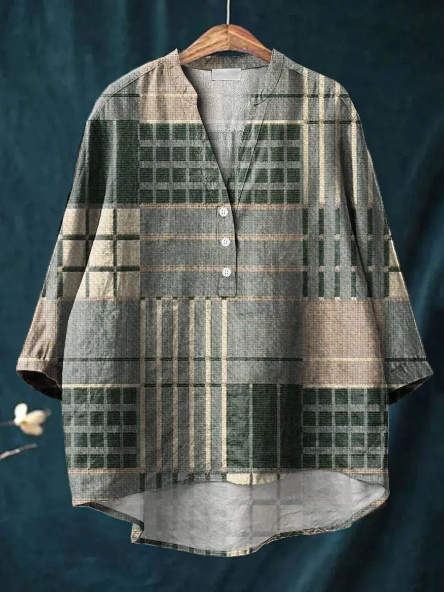 Art Minimalist Lattice Line Print Casual Cotton & Linen Ruffle Shirt