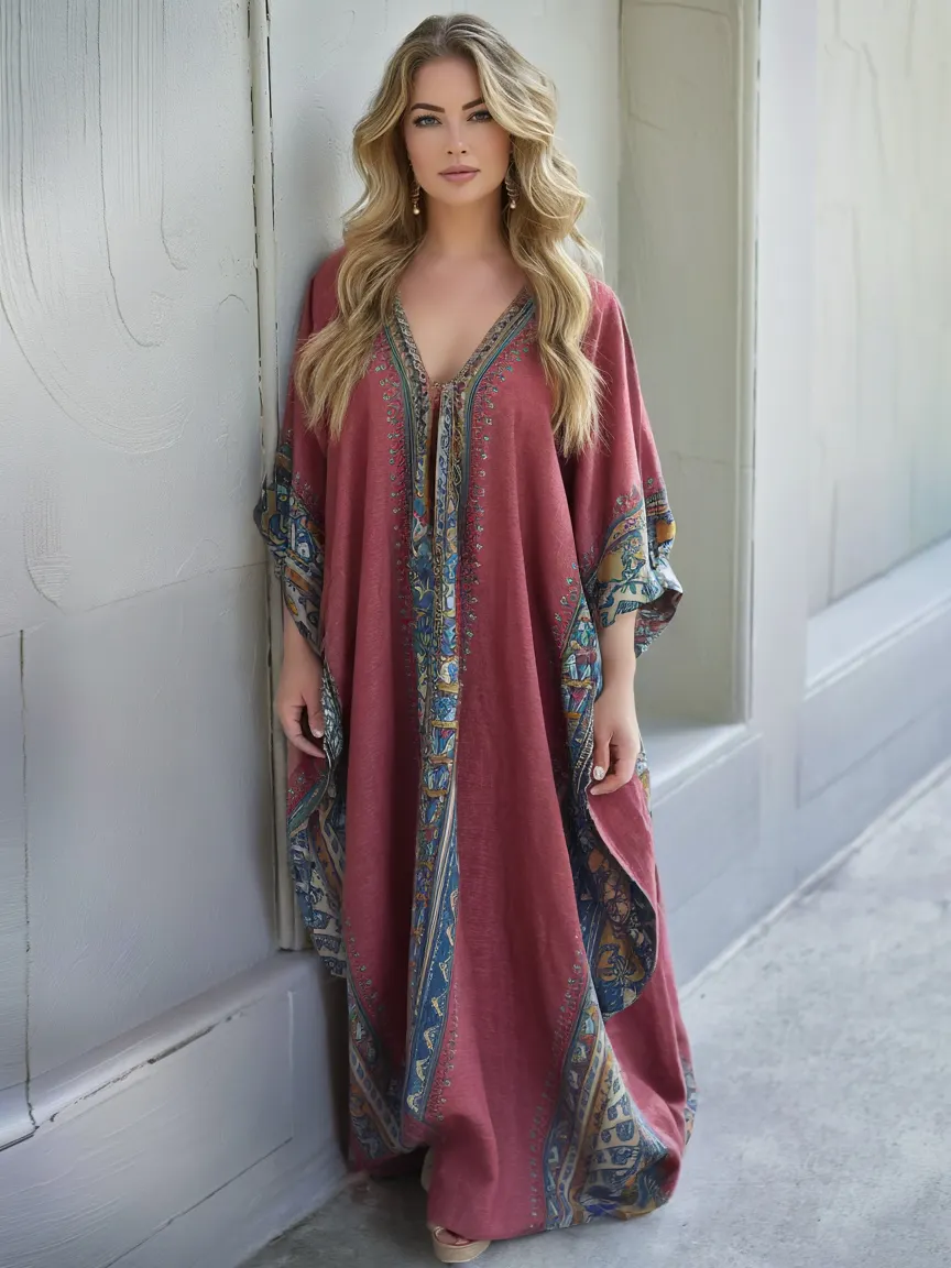Contton & Linen Long-Sleeve Kaftan Maxi Dress
