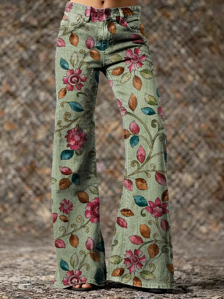 Ethnicity Flowers Leaves Green Women's Print Casual Wide Leg Pants