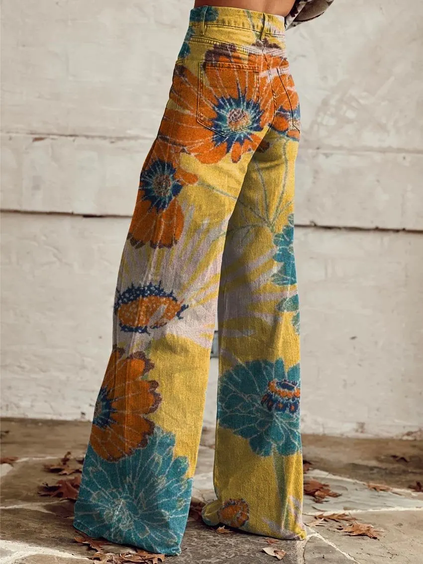 Flower Print Casual Wide-Leg Pants