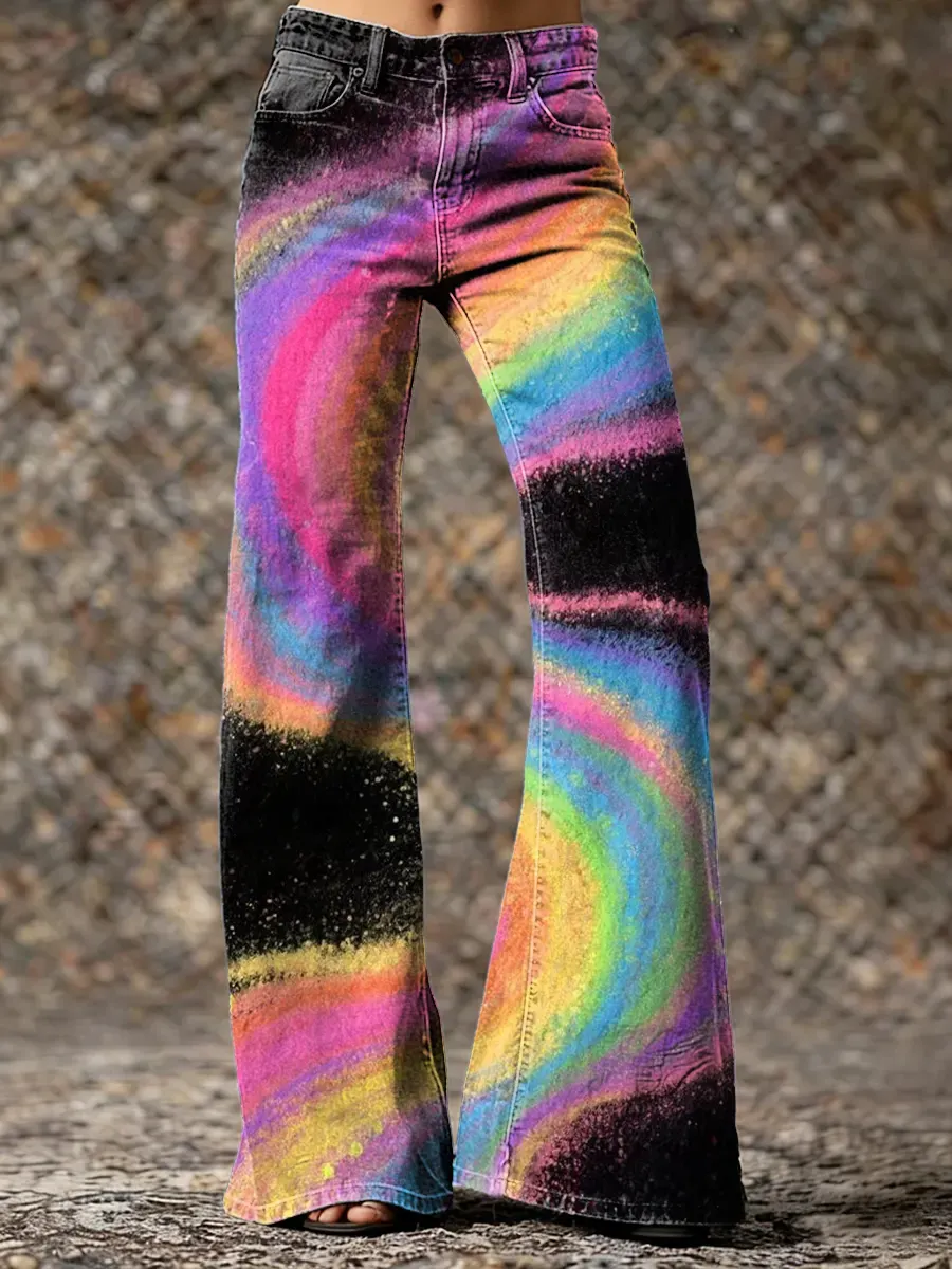 Retro Colorful Artistic Print Casual Slim-fit Flared Pants
