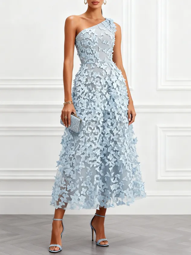Light Blue 3D Floral Classic One-Shoulder Sleeveless A-Line Midi Dress