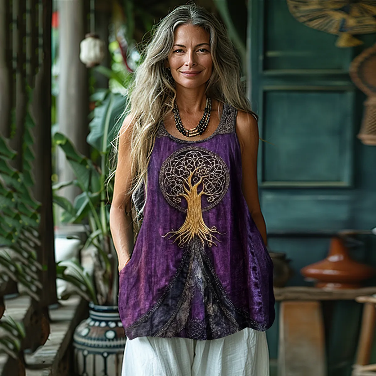 Vintage Tree Of Life Graphic Art Suspender Sleeveless Top