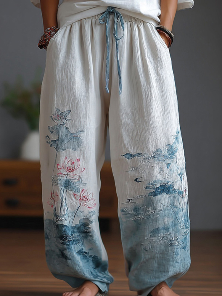 Japanese-style Lotus Pattern Linen Trousers