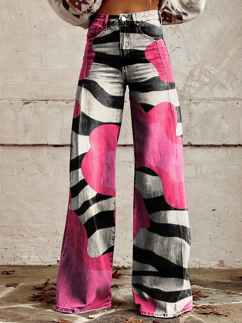 Vintage Contrast Zebra Print Casual Wide-Leg Pants