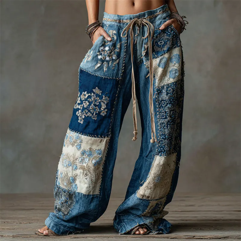 Boho Floral Embroidered Colorblock Flowy Wide Leg Linen Pants