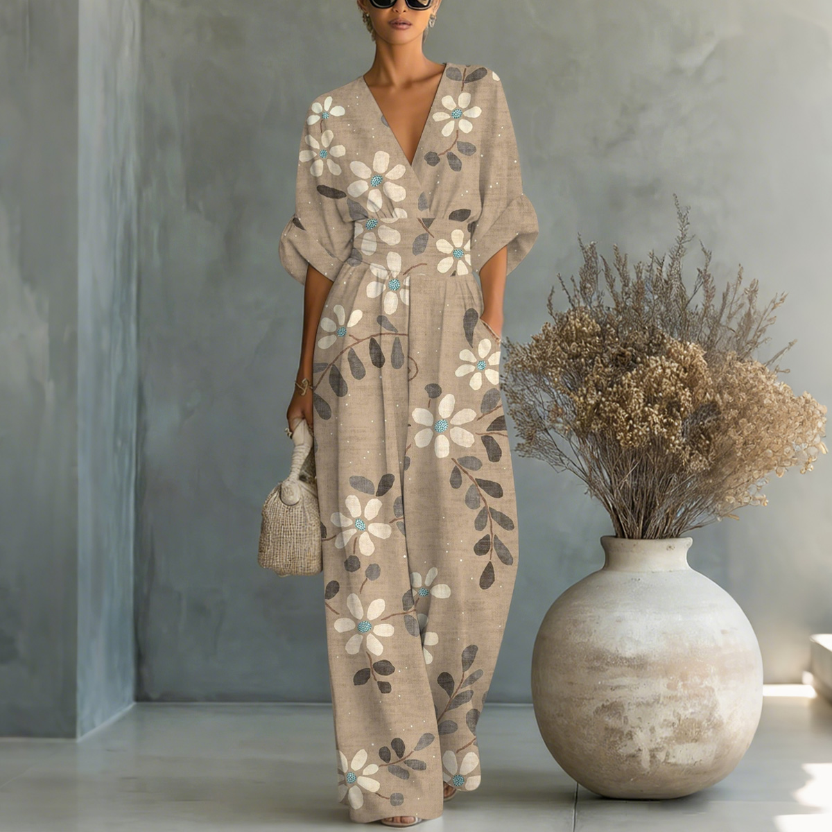 Elegant Floral-Print Tight Waist Jumpsuit
