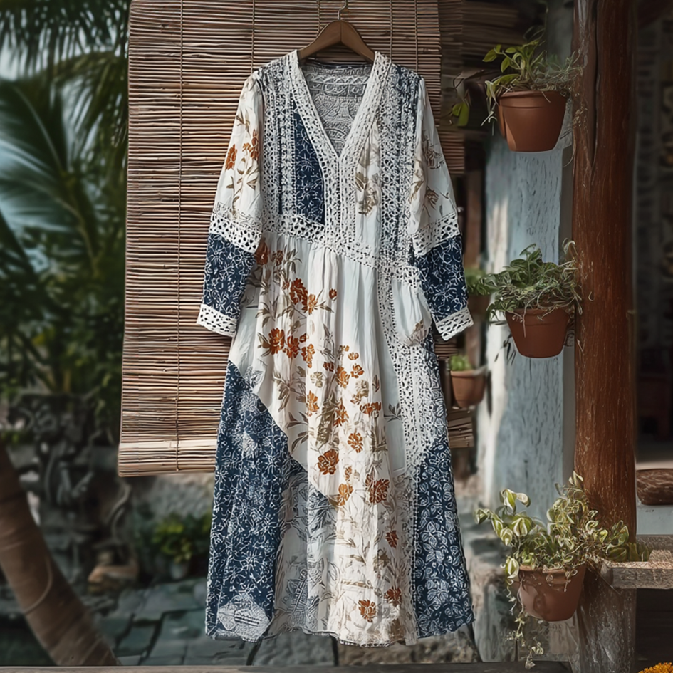 Japanese Art Retro Style Geometric Patchwork Design Lace Patch Women's Cotton & Linen Dress