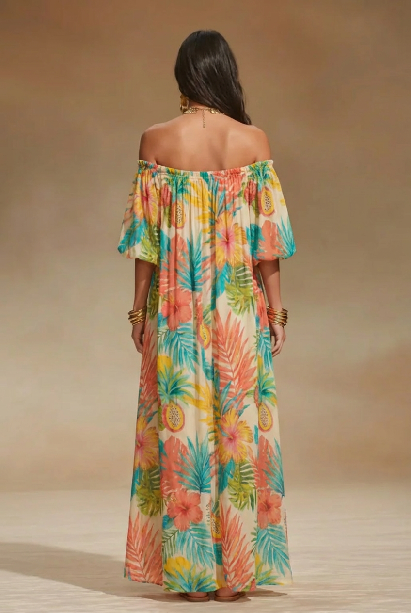 Off-Shoulder Tropical Print Maxi Dress
