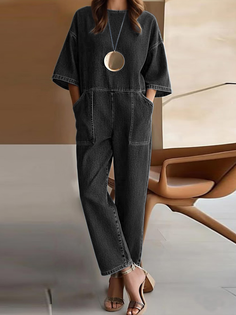 Round Neck 3/4 Sleeve Casual Loose Denim Wide-leg Jumpsuit