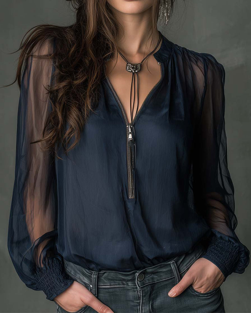 Half-Zip Blouse Long-Sleeve Knit