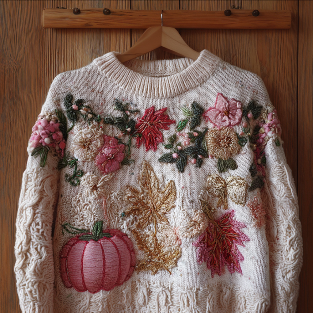 Pumpkin And Maple Leaf Plush Warm Round Neck Sweater