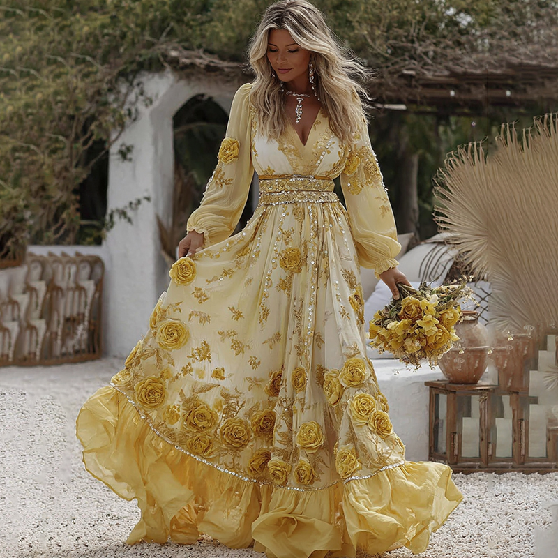Women's Vintage Yellow Roses And Floral Art Print V-neck Long Sleeve Maxi Dress