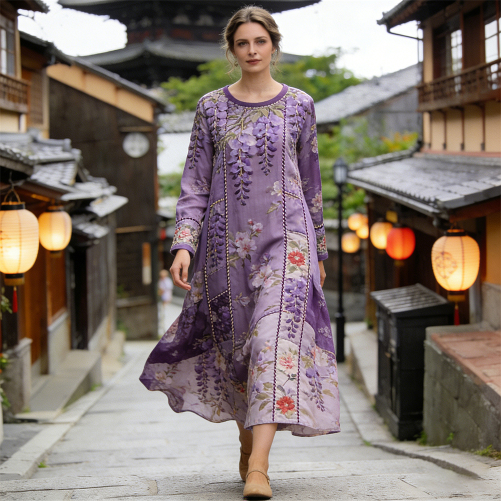 Japanese Wisteria Flower Patchwork Pattern Women's Linen Long Sleeve Maxi Dress