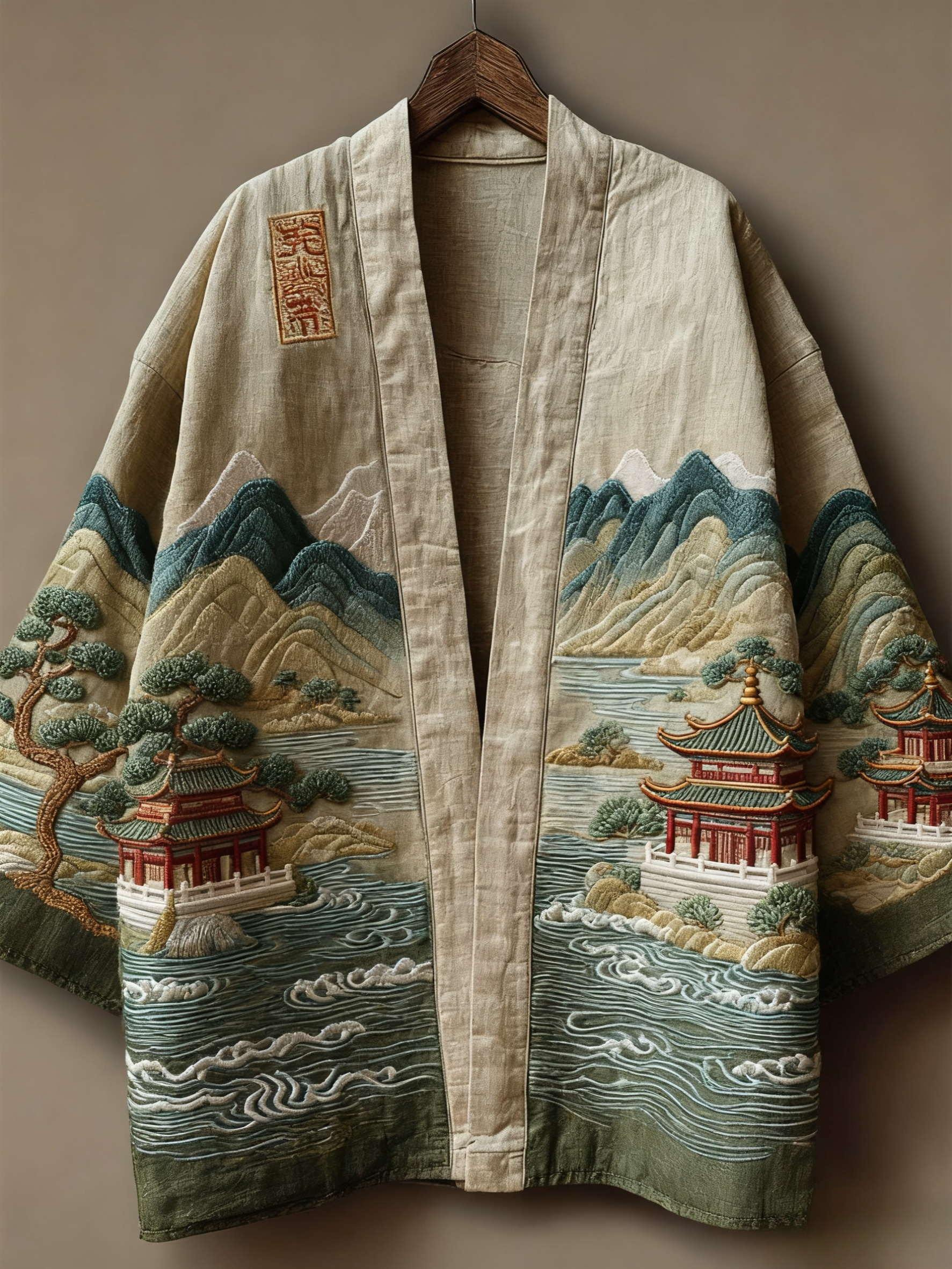 Oriental art landscape painting three-dimensional embroidery linen kimono cardigan