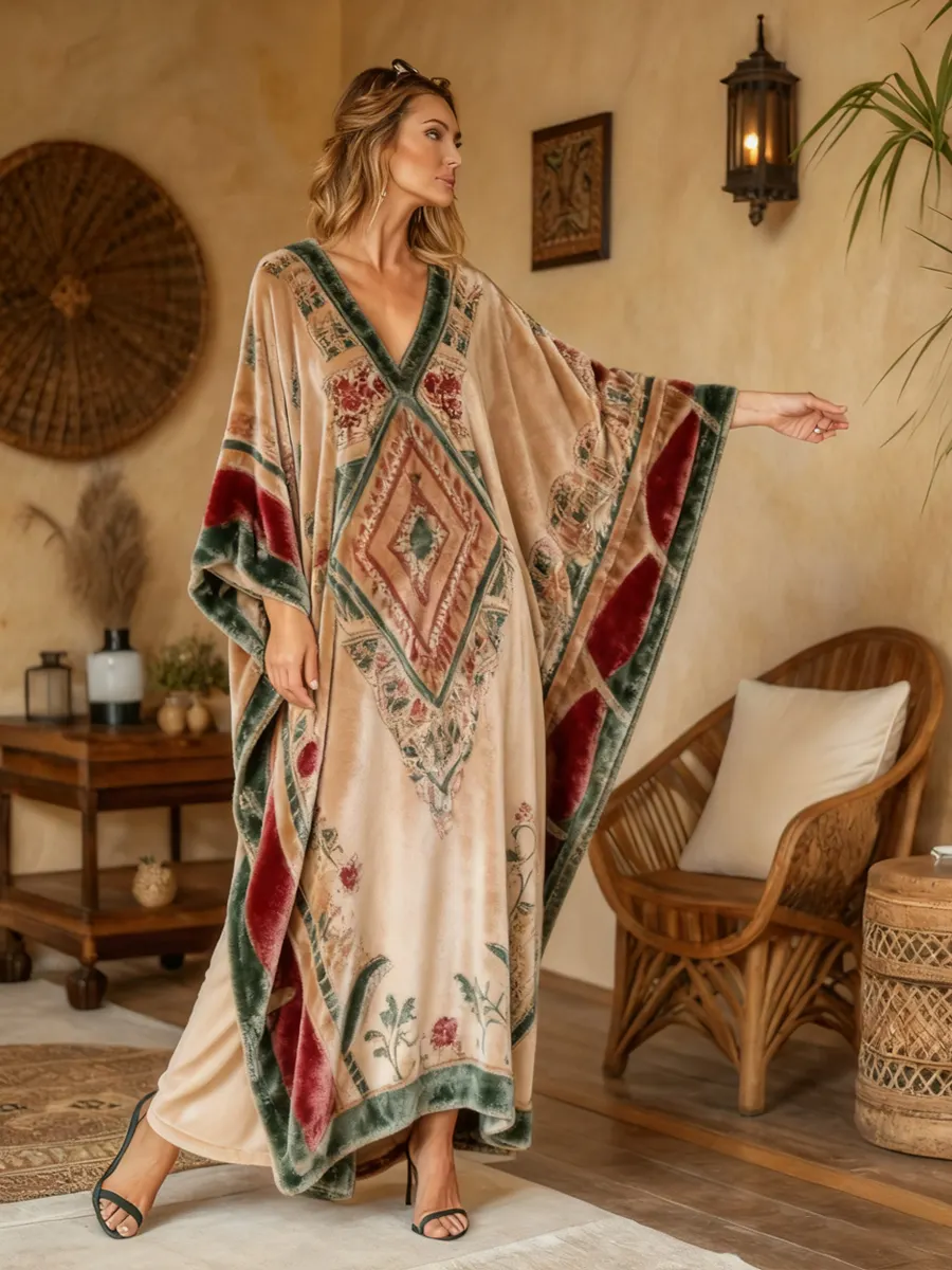 Women's Bohemian Art Pattern V-Neck Long Velvet Kimono Robe