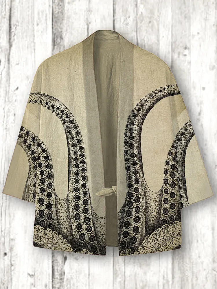 Ocean Octopus Japanese Art Linen Blend Kimono Cardigan