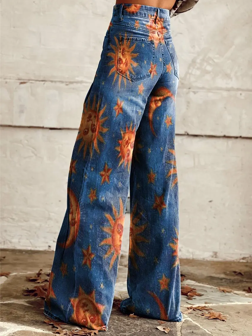 Vintage Print Casual Wide-Leg Pants