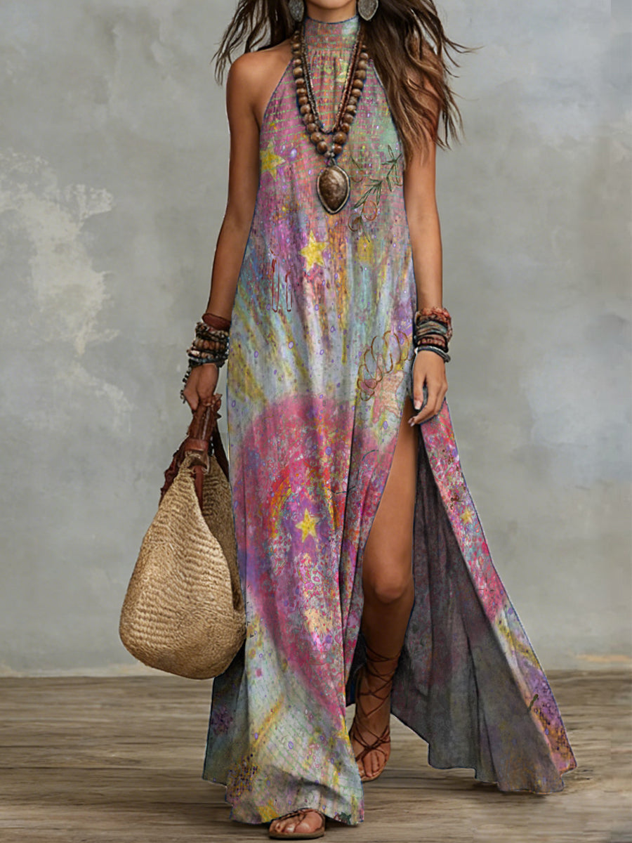 Bohemian Print Halter Side-Slit Maxi Dress