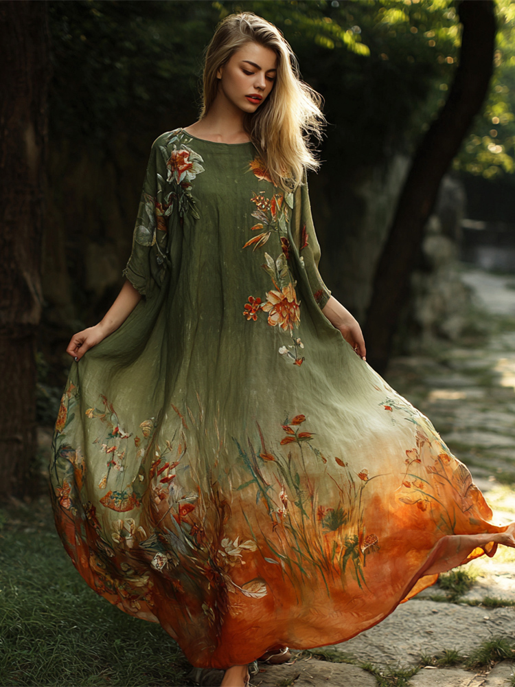 Bohemian Vintage Floral Women's Linen Round Neck Flowy Long Dress