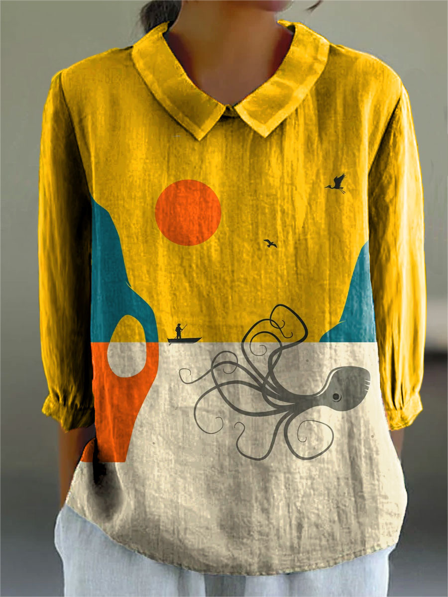 Simple Octopus Art Print Casual Cotton & Linen 3/4 Sleeve Shirt