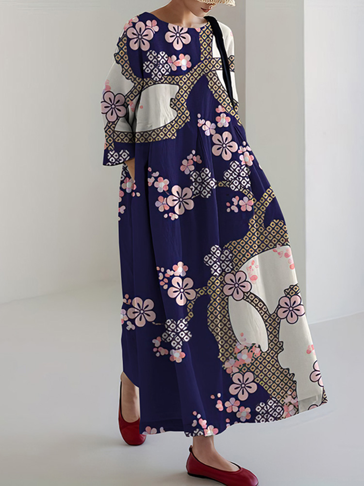 Vintage Japanese Cherry Blossom Print Loose Midi Dress