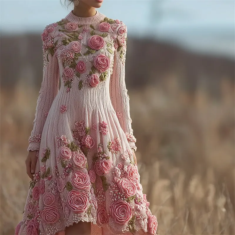 Classy Pink Roses Beaded Cozy Knit Sweater Dress