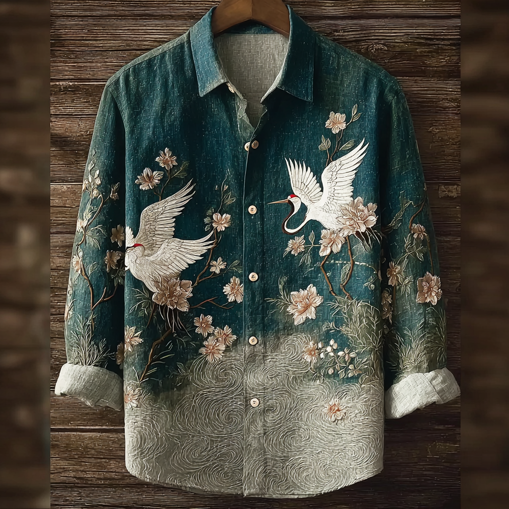 Japanese Art Retro Style Plant Flower & Crane Pattern Men's Cotton & Linen Shirt