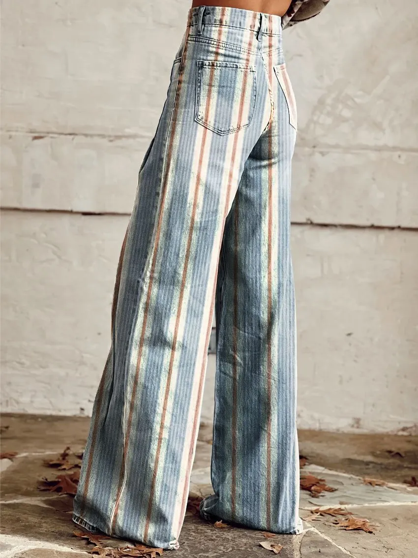 Vintage Print Casual Wide-Leg Pants