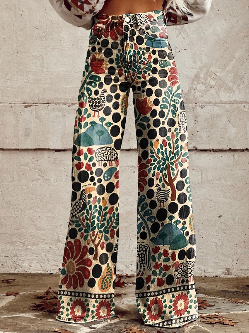 Vintage Stamen Print Casual Wide-Leg Pants